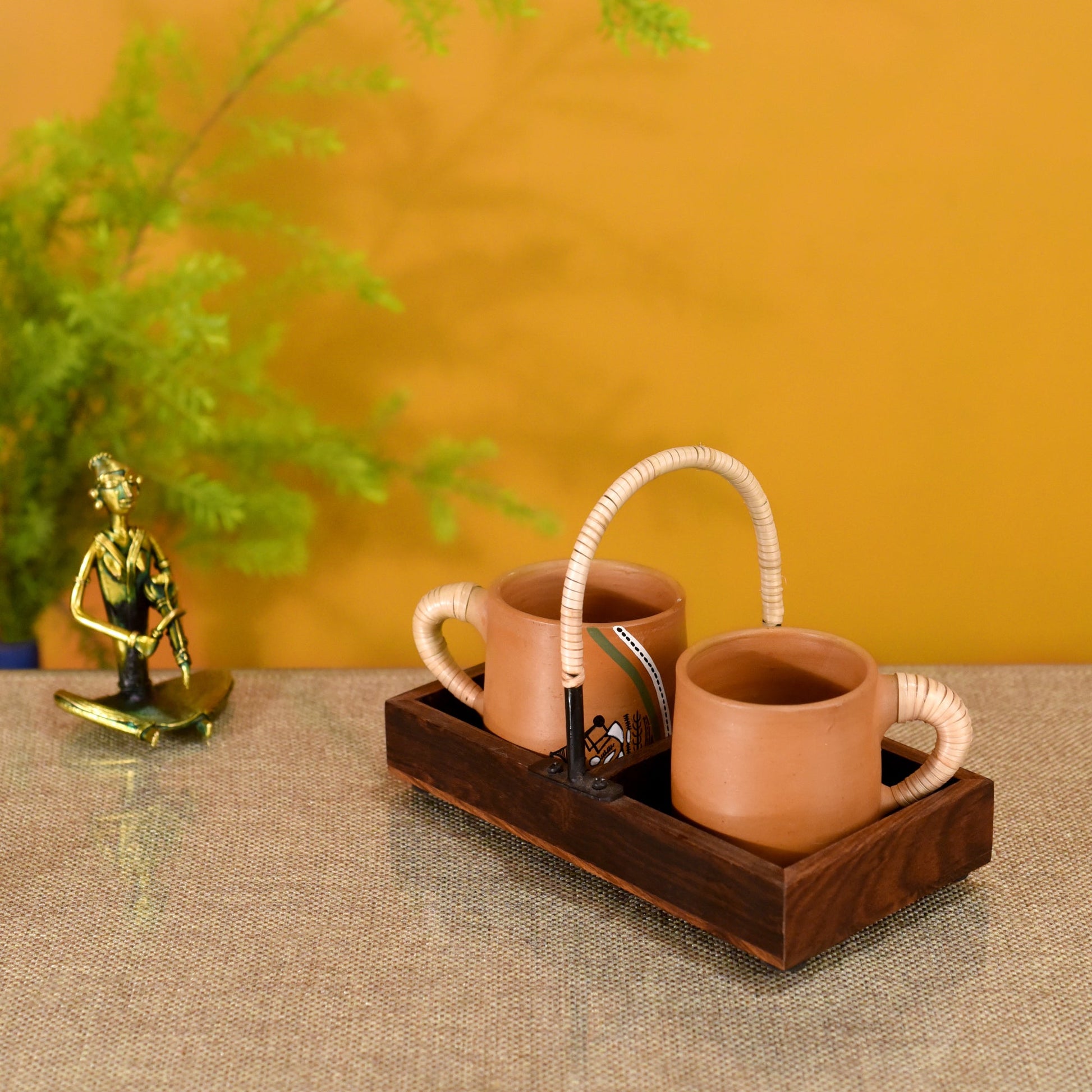 Brown - Happy Morning Earthen Cups with Cane Embellished Tray