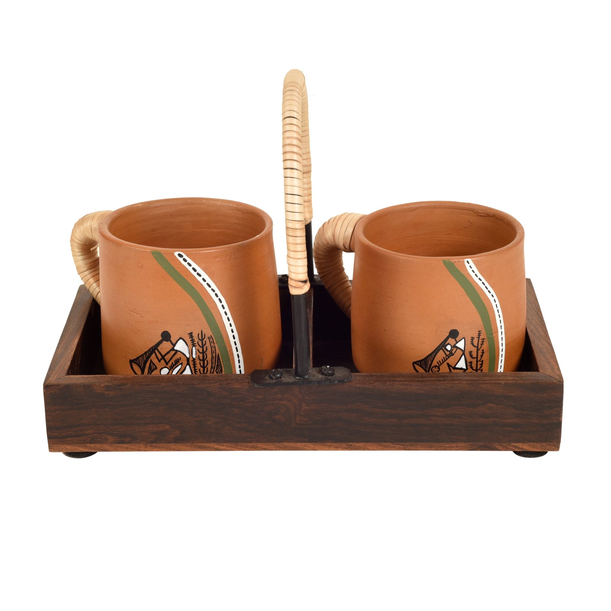 Brown - Happy Morning Earthen Cups with Cane Embellished Tray
