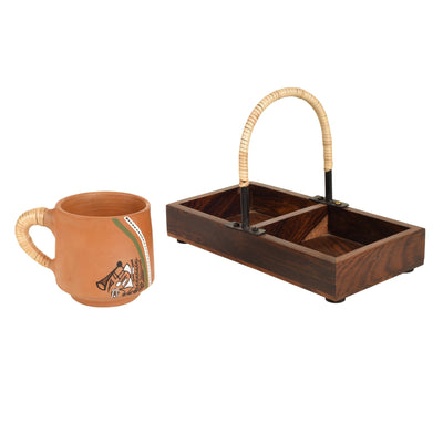 Brown - Happy Morning Earthen Cups with Cane Embellished Tray