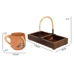 Brown - Happy Morning Earthen Cups with Cane Embellished Tray