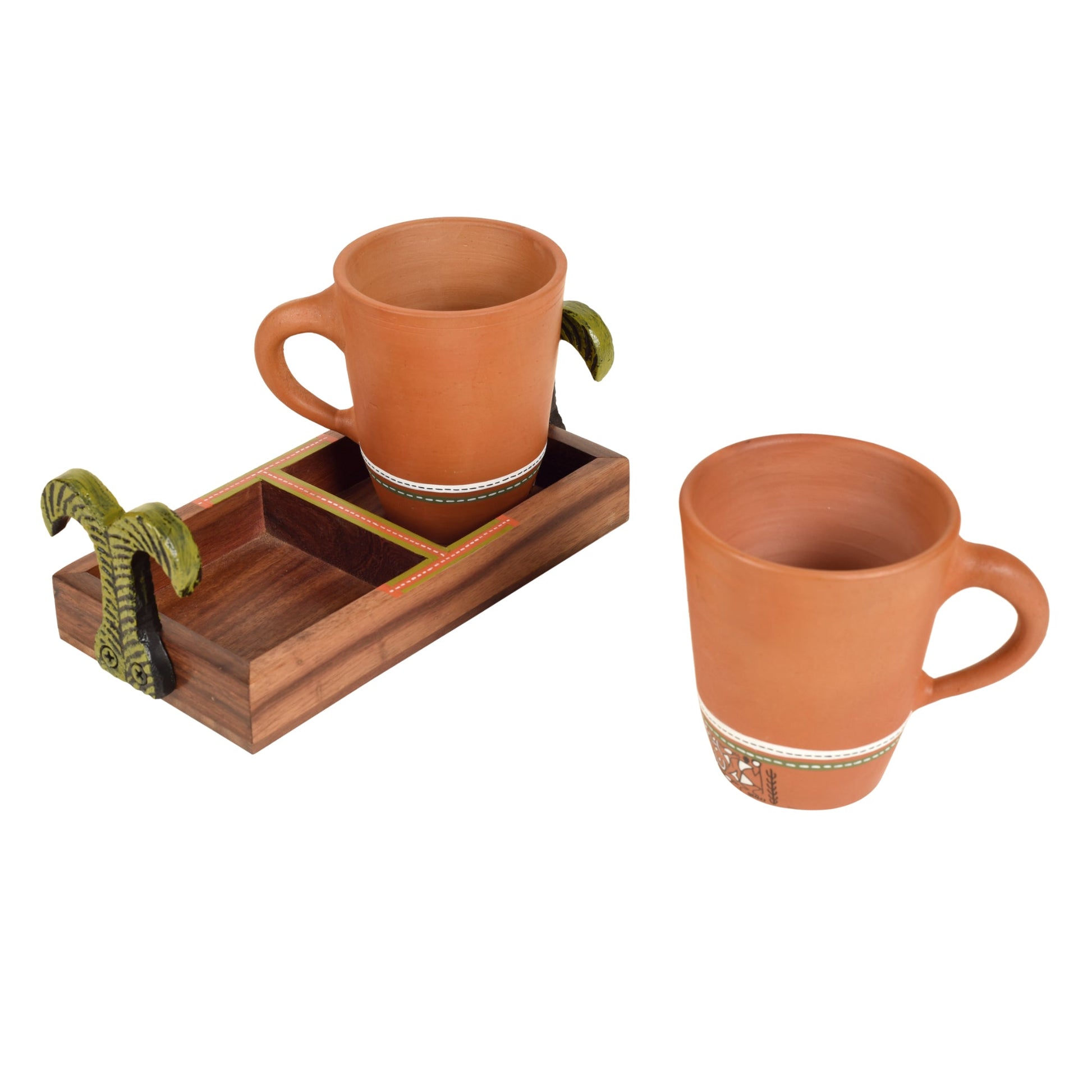 Brown - Happy Morning Earthen Coffee Mugs & Wooden Tray