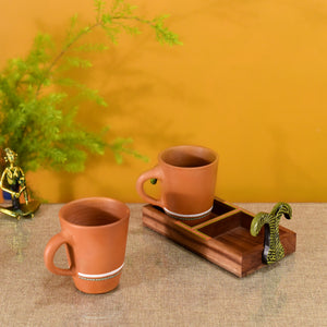 Brown - Happy Morning Earthen Coffee Mugs & Wooden Tray
