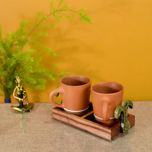 Brown - Happy Morning Earthen Coffee Mugs & Wooden Tray