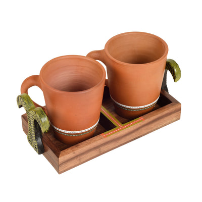 Brown - Happy Morning Earthen Coffee Mugs & Wooden Tray