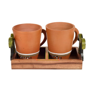 Brown - Happy Morning Earthen Coffee Mugs & Wooden Tray