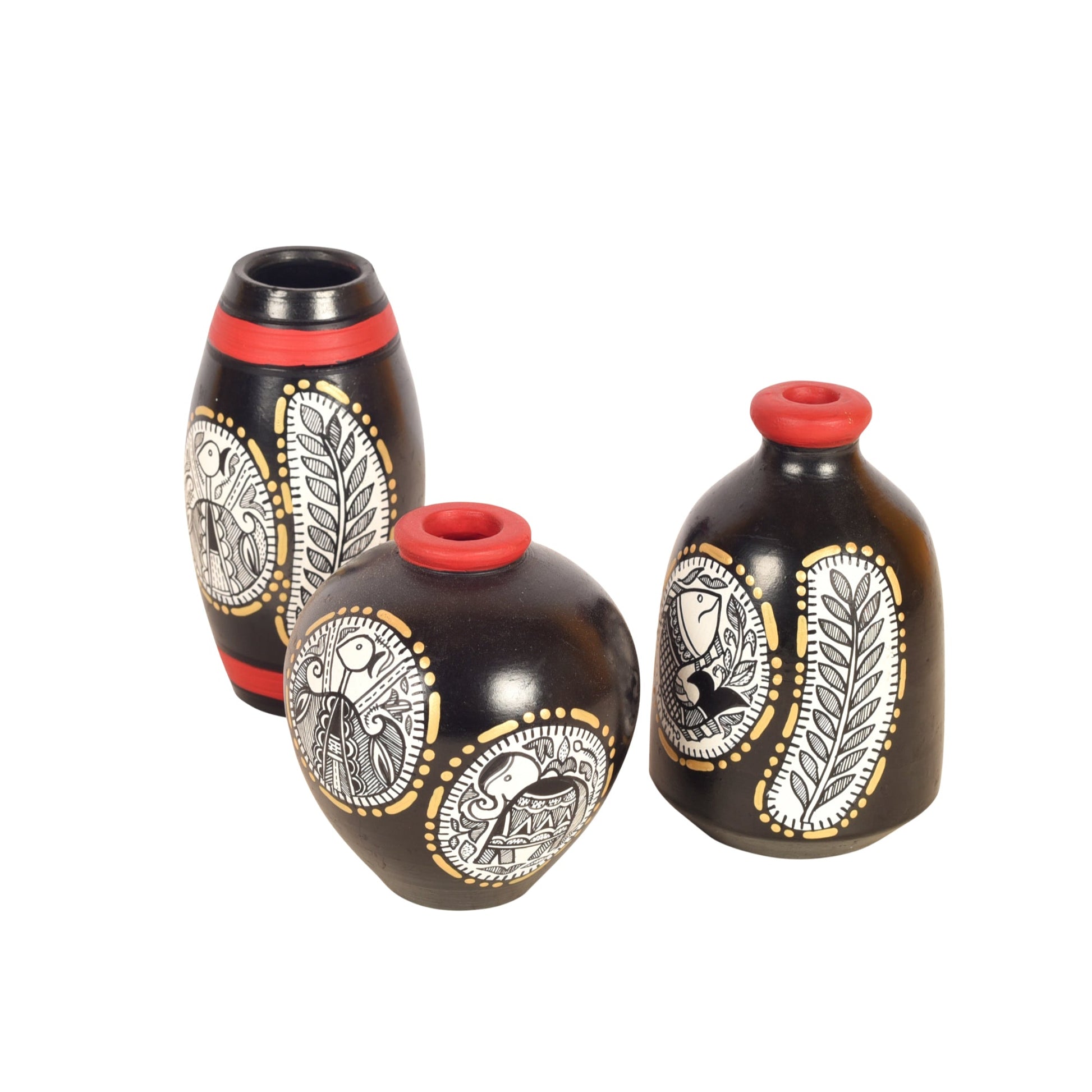 Black Warli Terracotta Miniature Vases (Set of 3)