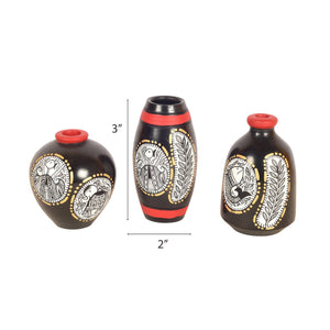 Black Warli Terracotta Miniature Vases (Set of 3)