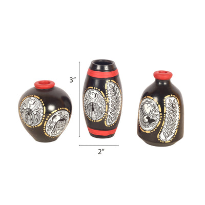 Black Warli Terracotta Miniature Vases (Set of 3)