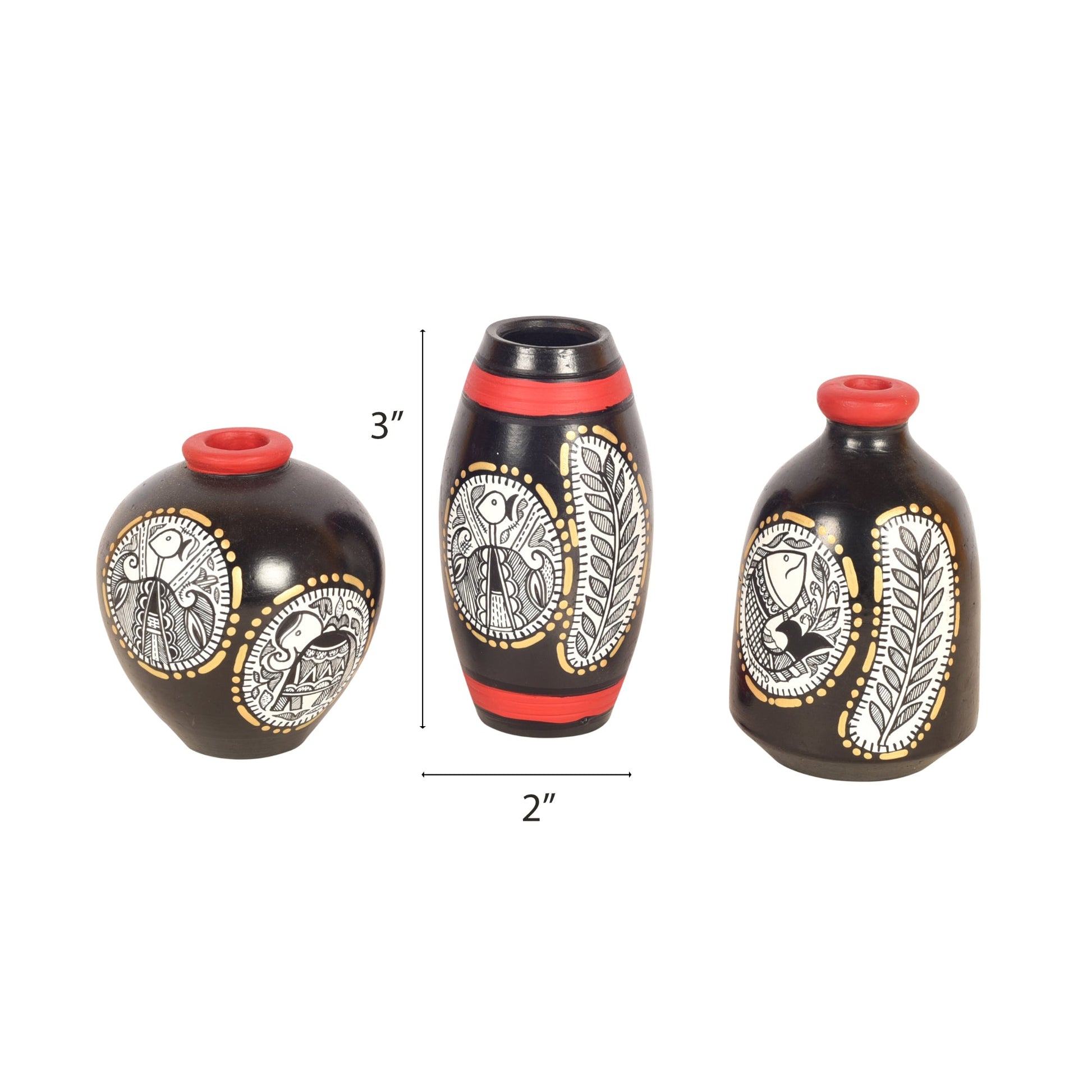 Black Warli Terracotta Miniature Vases (Set of 3)