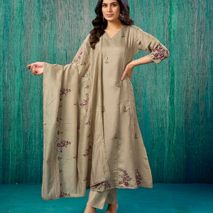 Chikoo Floral Embroidered Pure Cotton A-Line Salwar Suit