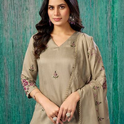 Chikoo Floral Embroidered Pure Cotton A-Line Salwar Suit