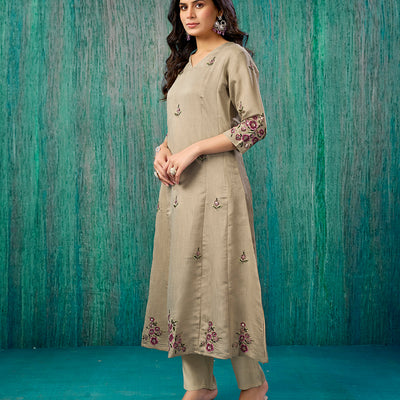 Chikoo Floral Embroidered Pure Cotton A-Line Salwar Suit
