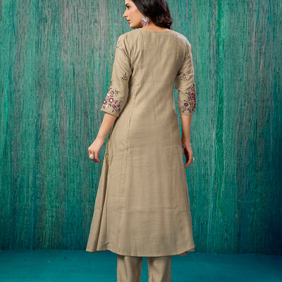 Chikoo Floral Embroidered Pure Cotton A-Line Salwar Suit