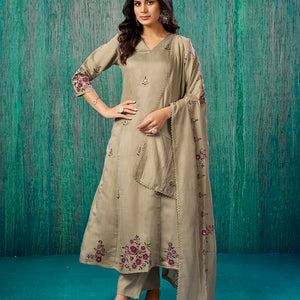 Chikoo Floral Embroidered Pure Cotton A-Line Salwar Suit