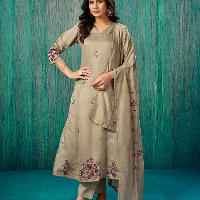 Chikoo Floral Embroidered Pure Cotton A-Line Salwar Suit