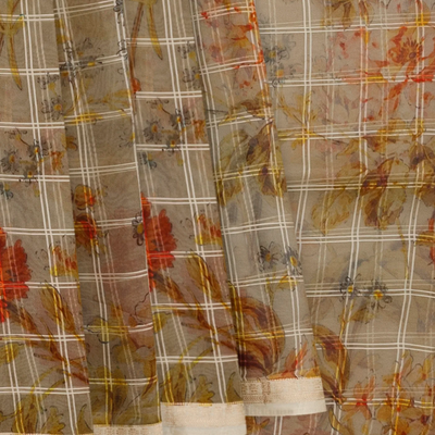 Grey Woven Organza Saree With Floral Prints-Grey