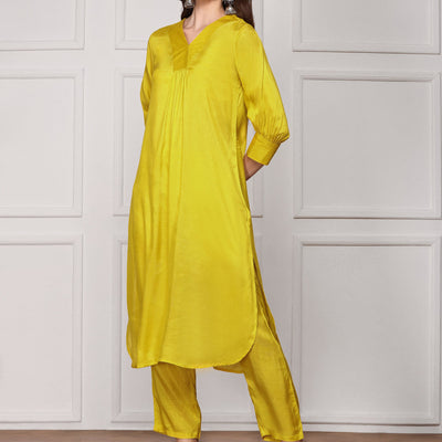 Yellow V-Neck Kurta With Trouser