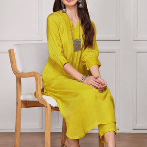 Yellow V-Neck Kurta With Trouser