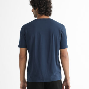 Rare Rabbit Men's Acai Navy Crew Neck Graphic Printed Branding Half Sleeves Slim Fit T-Shirt