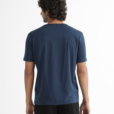 Rare Rabbit Men's Acai Navy Crew Neck Graphic Printed Branding Half Sleeves Slim Fit T-Shirt