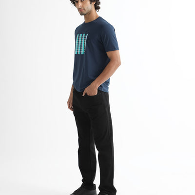 Rare Rabbit Men's Acai Navy Crew Neck Graphic Printed Branding Half Sleeves Slim Fit T-Shirt