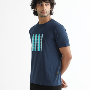 Rare Rabbit Men's Acai Navy Crew Neck Graphic Printed Branding Half Sleeves Slim Fit T-Shirt