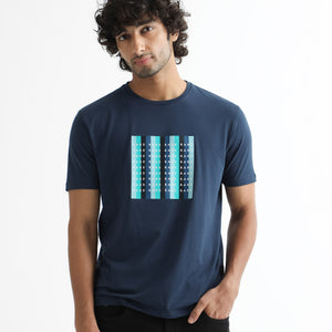 Rare Rabbit Men's Acai Navy Crew Neck Graphic Printed Branding Half Sleeves Slim Fit T-Shirt
