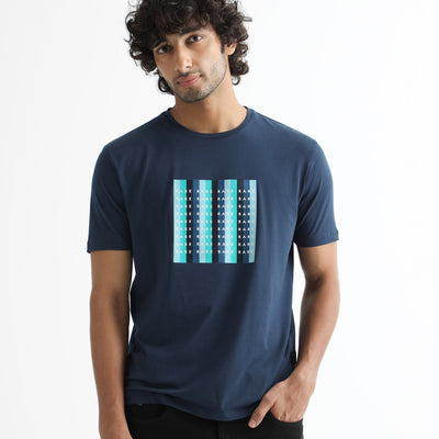 Rare Rabbit Men's Acai Navy Crew Neck Graphic Printed Branding Half Sleeves Slim Fit T-Shirt