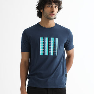 Rare Rabbit Men's Acai Navy Crew Neck Graphic Printed Branding Half Sleeves Slim Fit T-Shirt