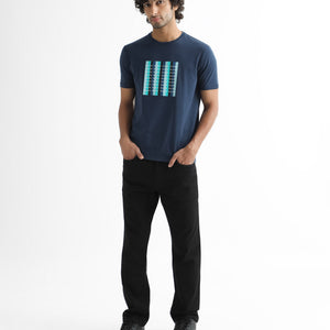 Rare Rabbit Men's Acai Navy Crew Neck Graphic Printed Branding Half Sleeves Slim Fit T-Shirt