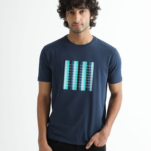 Rare Rabbit Men's Acai Navy Crew Neck Graphic Printed Branding Half Sleeves Slim Fit T-Shirt