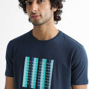 Rare Rabbit Men's Acai Navy Crew Neck Graphic Printed Branding Half Sleeves Slim Fit T-Shirt