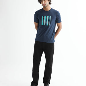 Rare Rabbit Men's Acai Navy Crew Neck Graphic Printed Branding Half Sleeves Slim Fit T-Shirt