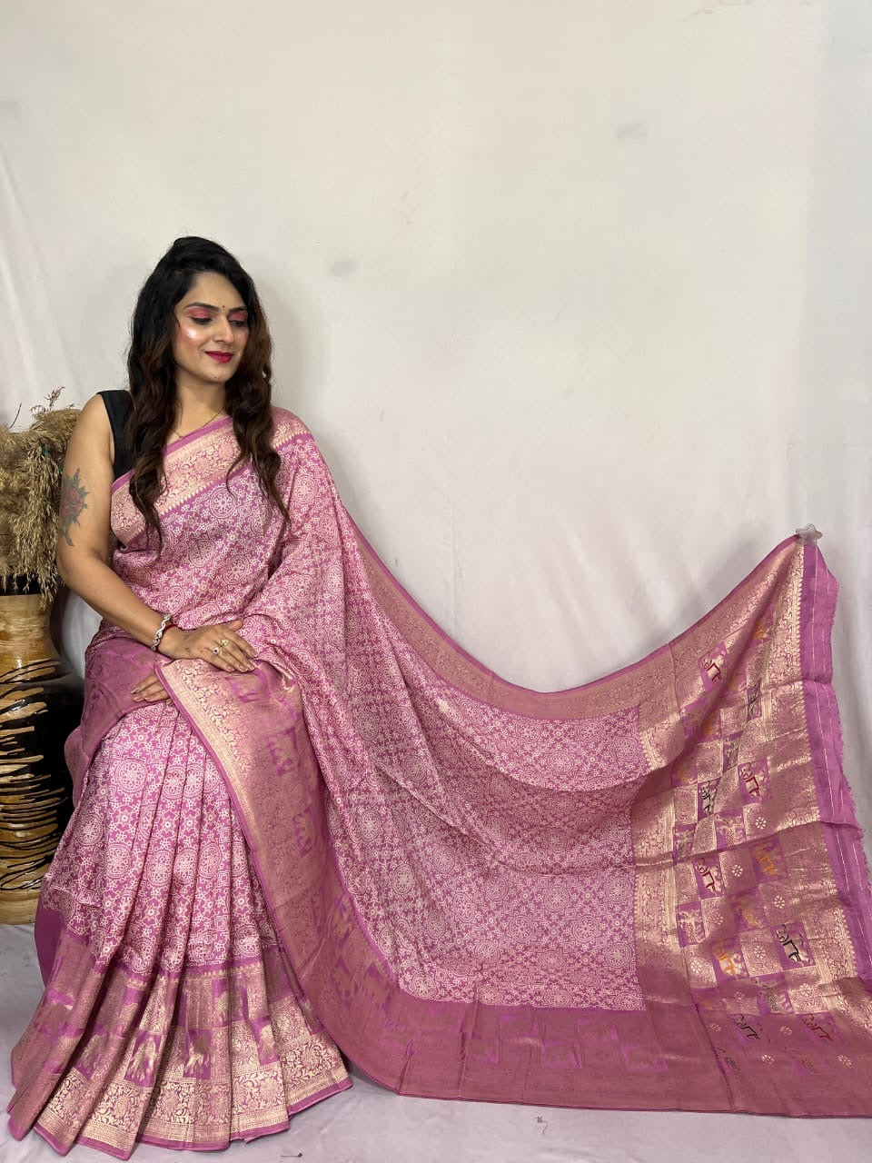 Dola Silk Authentic Hand Crafted Ajrakh Work Saree