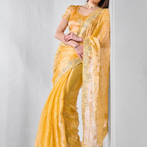 Embroidered Embellished Chiffon Saree With Blouse Piece