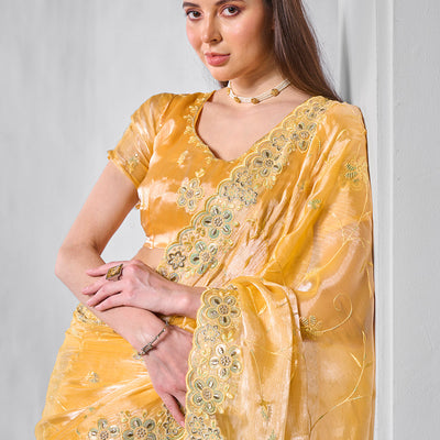 Embroidered Embellished Chiffon Saree With Blouse Piece