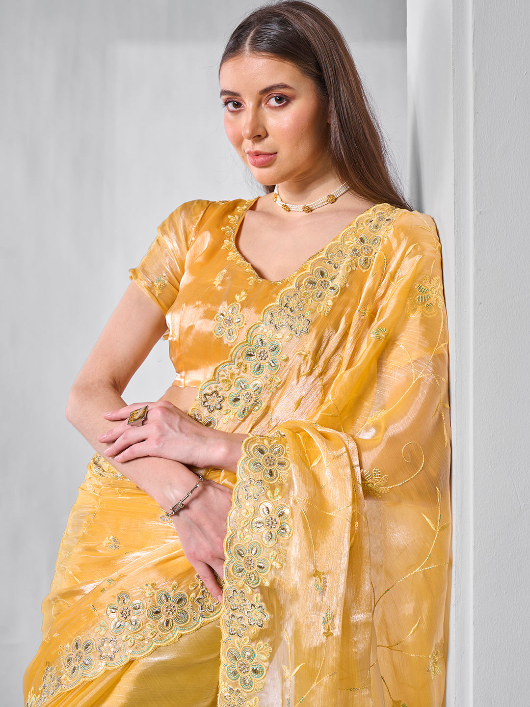 Embroidered Embellished Chiffon Saree With Blouse Piece