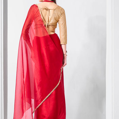 Embellished Solid Organza Saree With Blouse Piece