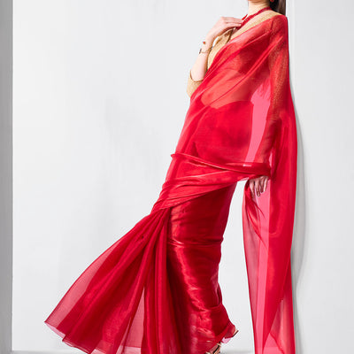 Embellished Solid Organza Saree With Blouse Piece