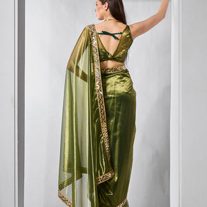 Mirror Work Lace Organza Saree With Blouse Piece