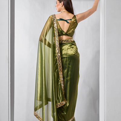 Mirror Work Lace Organza Saree With Blouse Piece