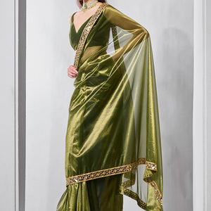 Mirror Work Lace Organza Saree With Blouse Piece