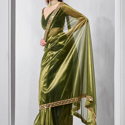 Mirror Work Lace Organza Saree With Blouse Piece