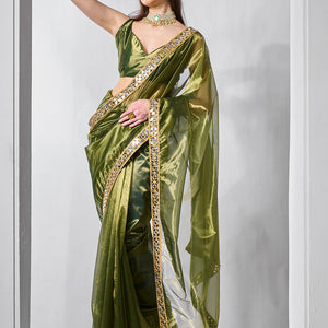 Mirror Work Lace Organza Saree With Blouse Piece
