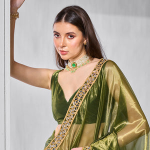 Mirror Work Lace Organza Saree With Blouse Piece