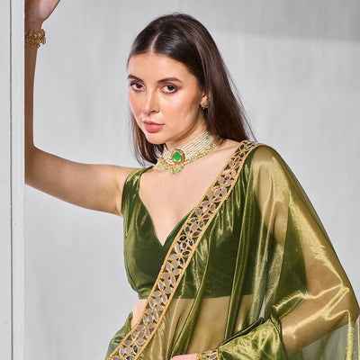 Mirror Work Lace Organza Saree With Blouse Piece