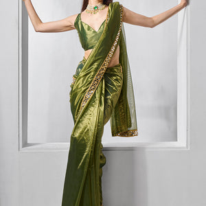 Mirror Work Lace Organza Saree With Blouse Piece