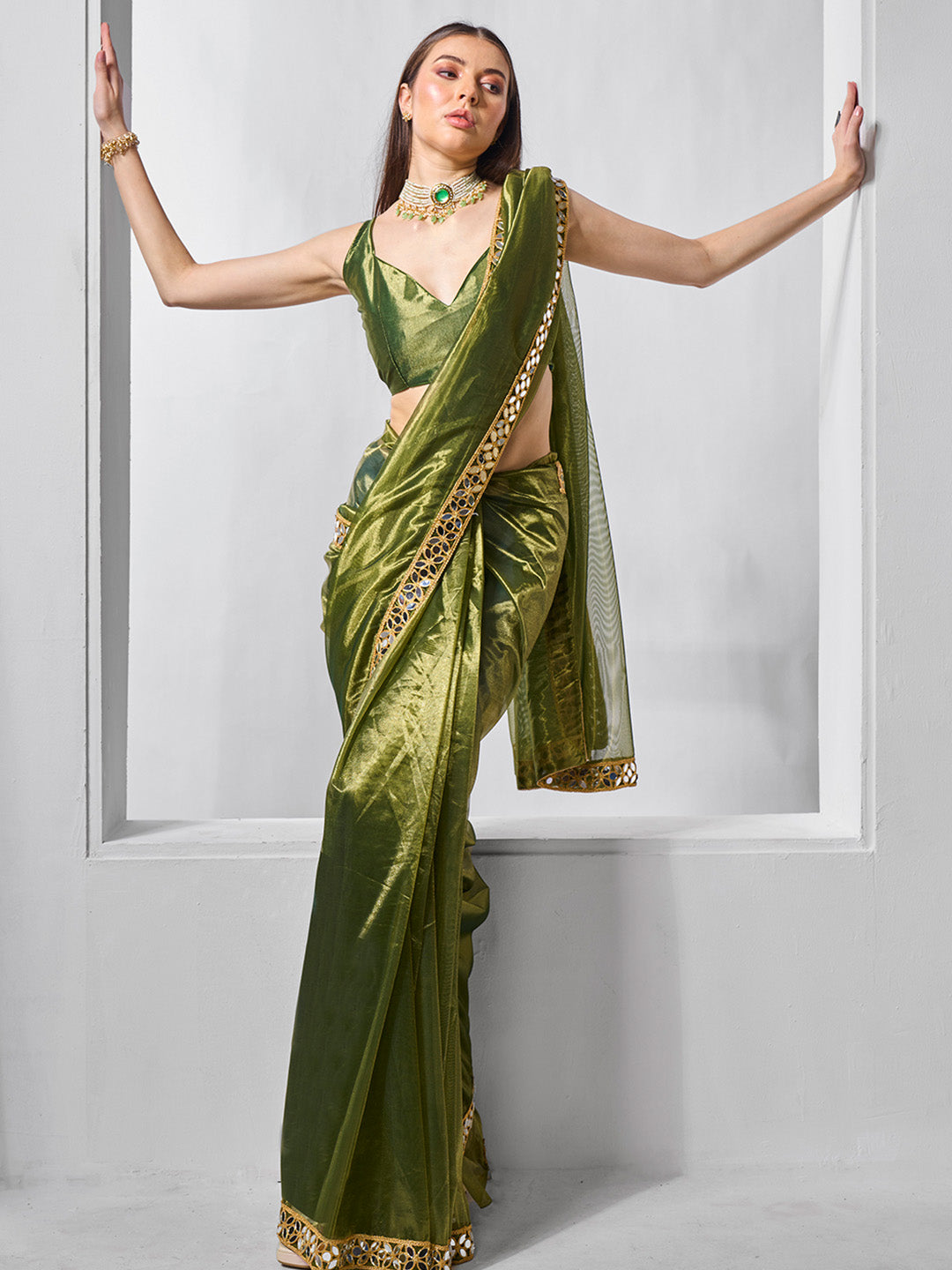 Mirror Work Lace Organza Saree With Blouse Piece