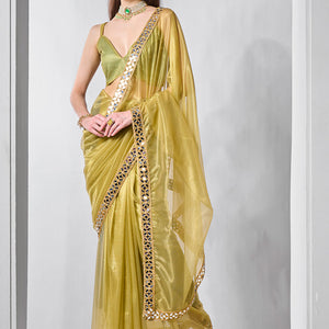 Mirror Work Lace Saree With Blouse Piece
