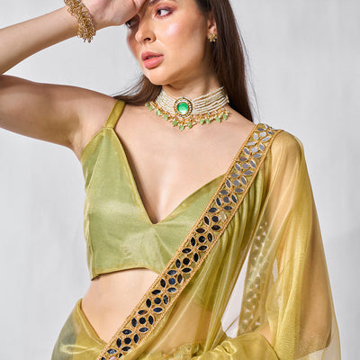 Mirror Work Lace Saree With Blouse Piece